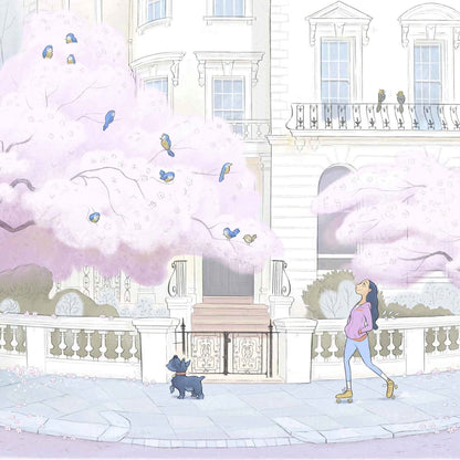 Detail from a painting of a lady skating with her dog on a street in London's Notting Hill with a tree in blossom