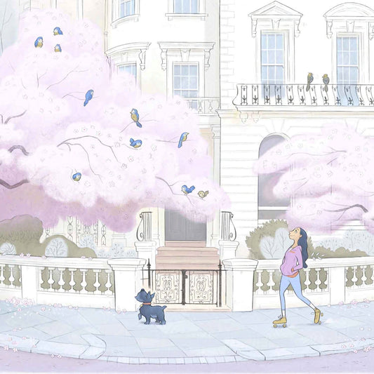 Detail from a painting of a lady skating with her dog on a street in London's Notting Hill with a tree in blossom