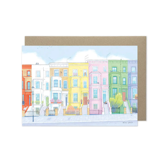 London's Notting Hill Houses illustrated on a greeting card by mike green illustration.