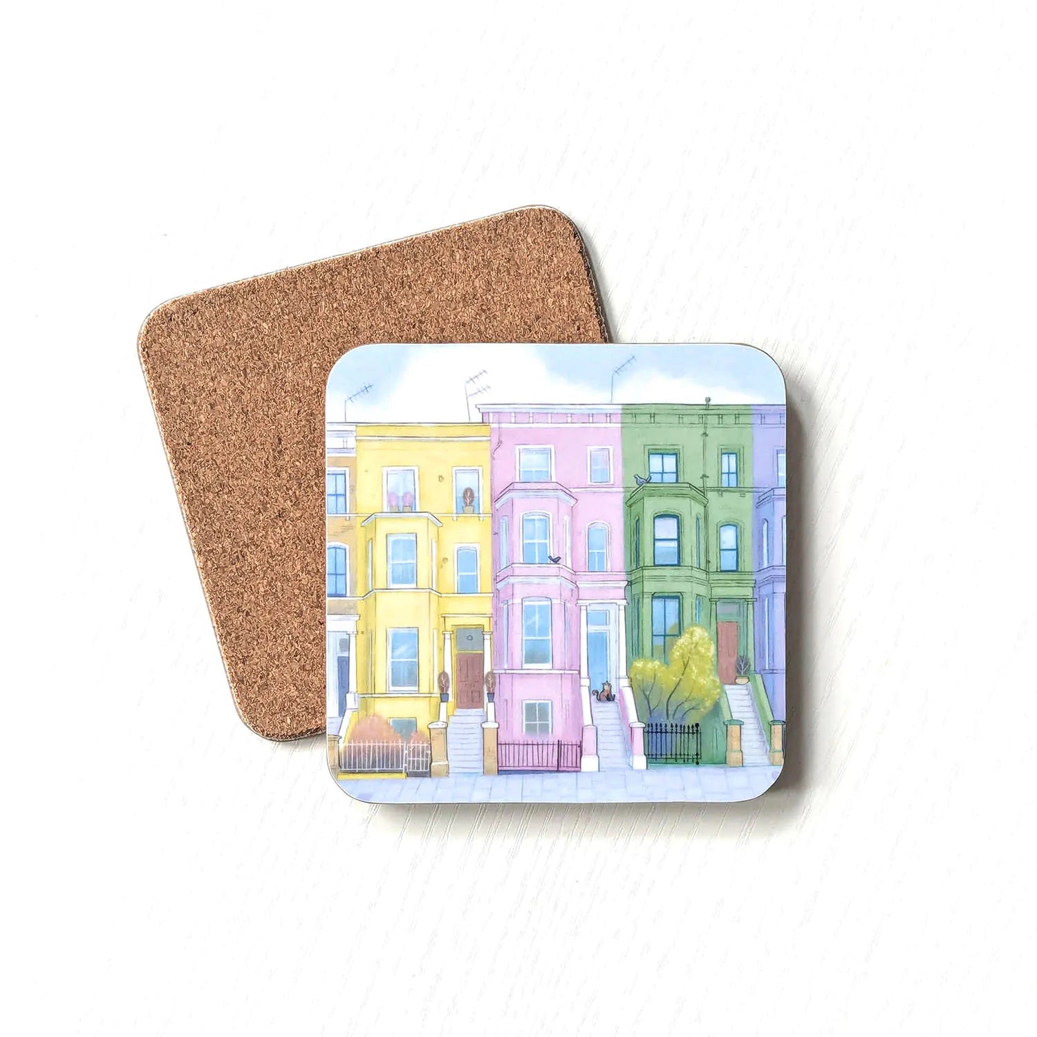 Cork backed square coaster with colourful Houses and a cat from Notting Hill in London