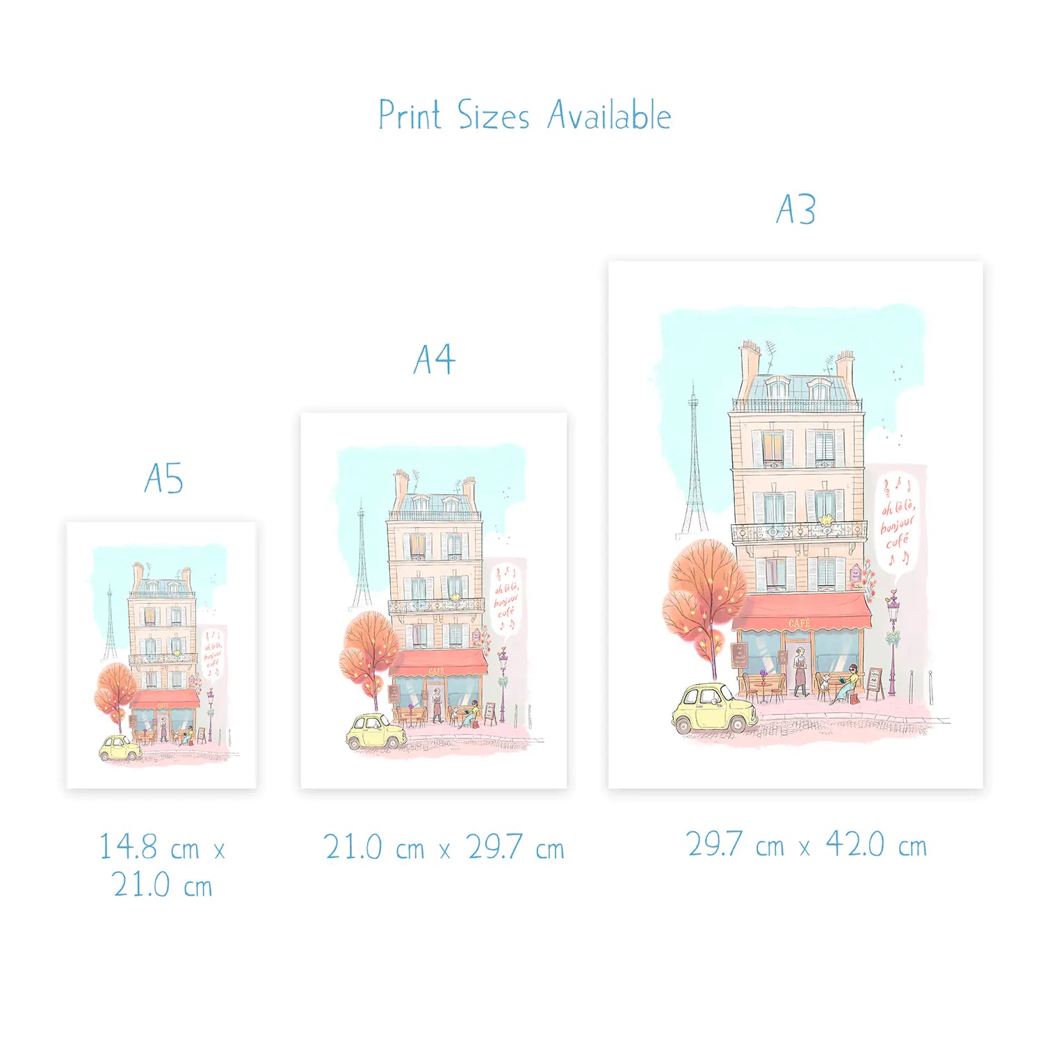 Wall art print sizes for an illustration of a café in Paris with a lady and her car