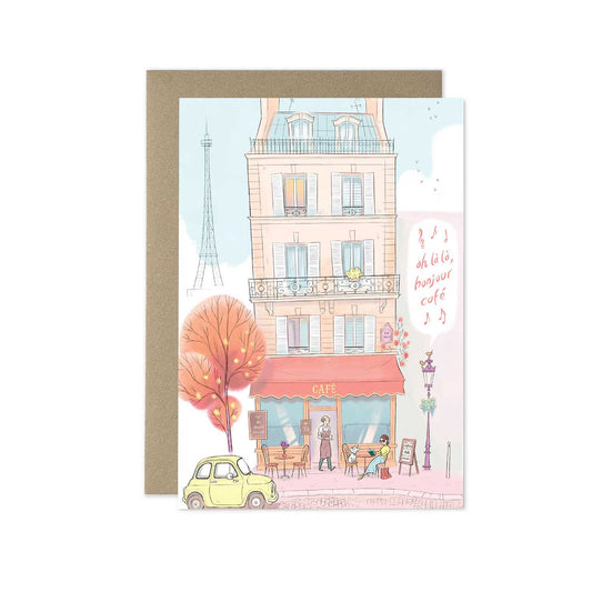 Paris cafe with lady and dog and bonjour cafe text beautifully illustrated on a greeting card by mike green illustration.