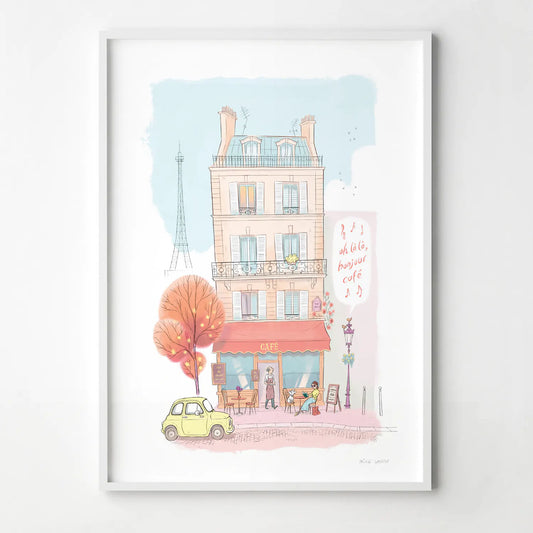 Framed print of an illustration of a typical café in Paris with the Eifel tower in the background