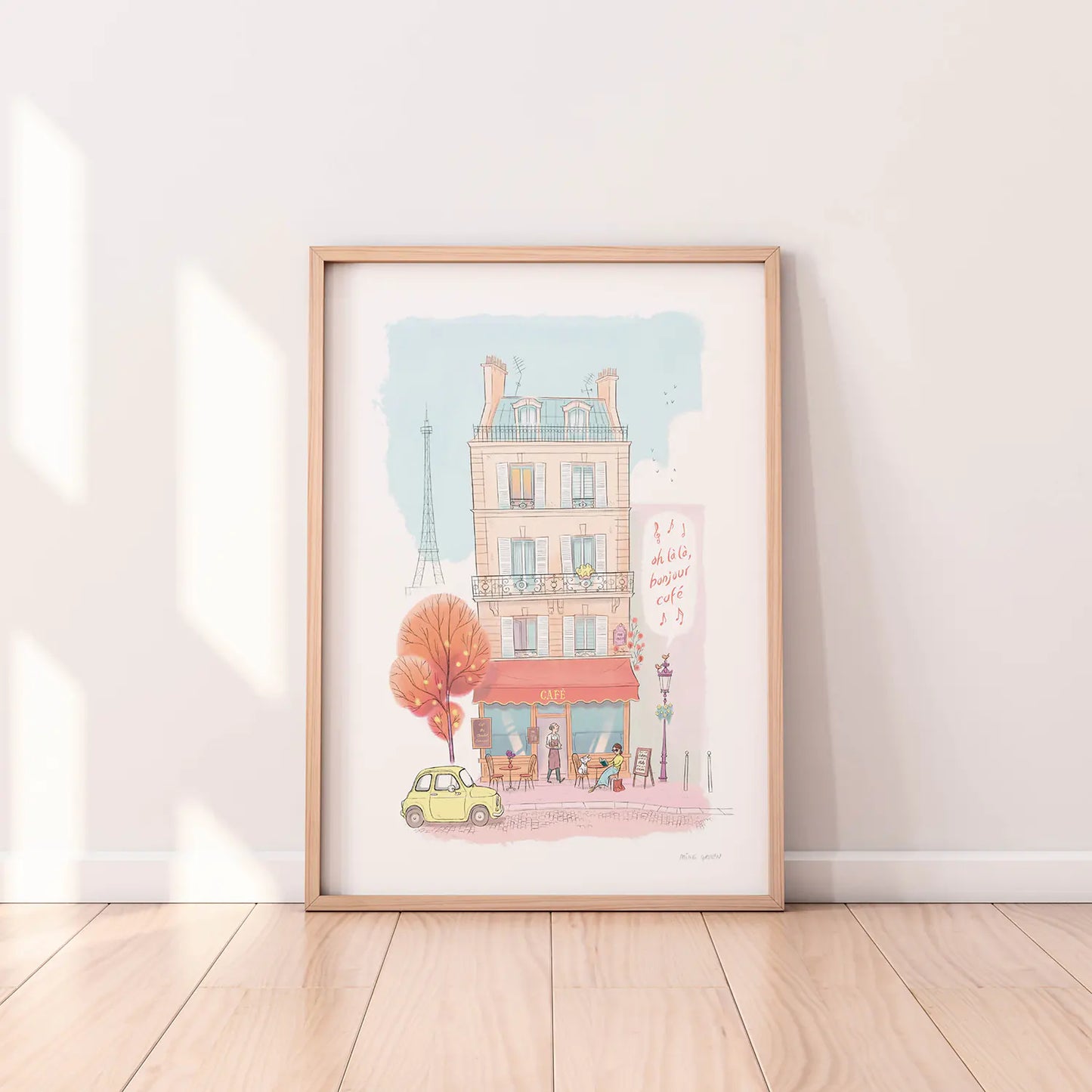 Framed print of an illustration of a typical café in Paris with the Eifel tower in the background