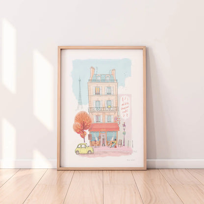 Framed print of an illustration of a typical café in Paris with the Eifel tower in the background