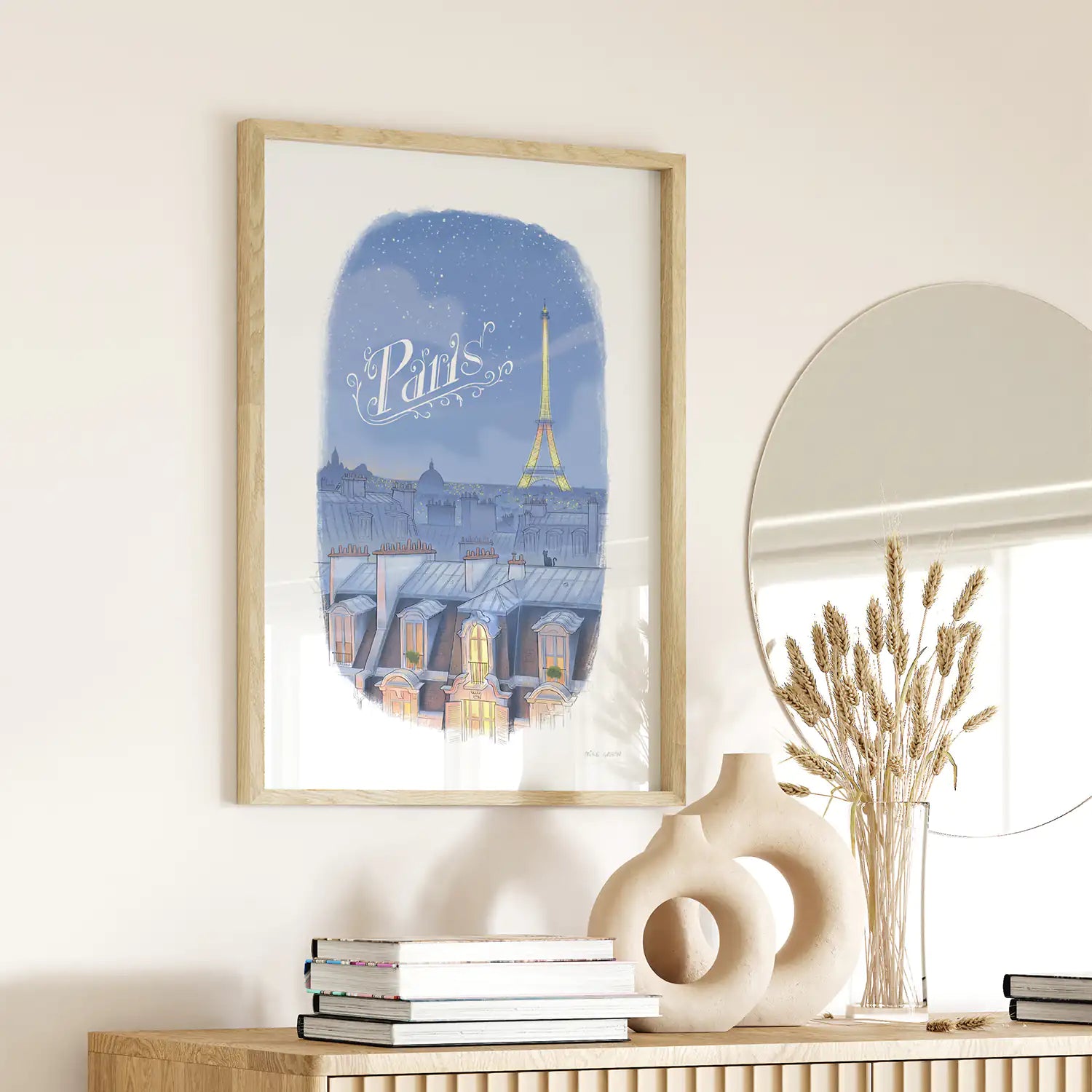 Framed print of an illustration of the Paris skyline at night with the Eifel Tower and the word Paris