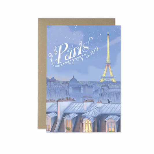 Paris night skyline with 'paris' title beautifully illustrated on a greeting card by mike green illustration.