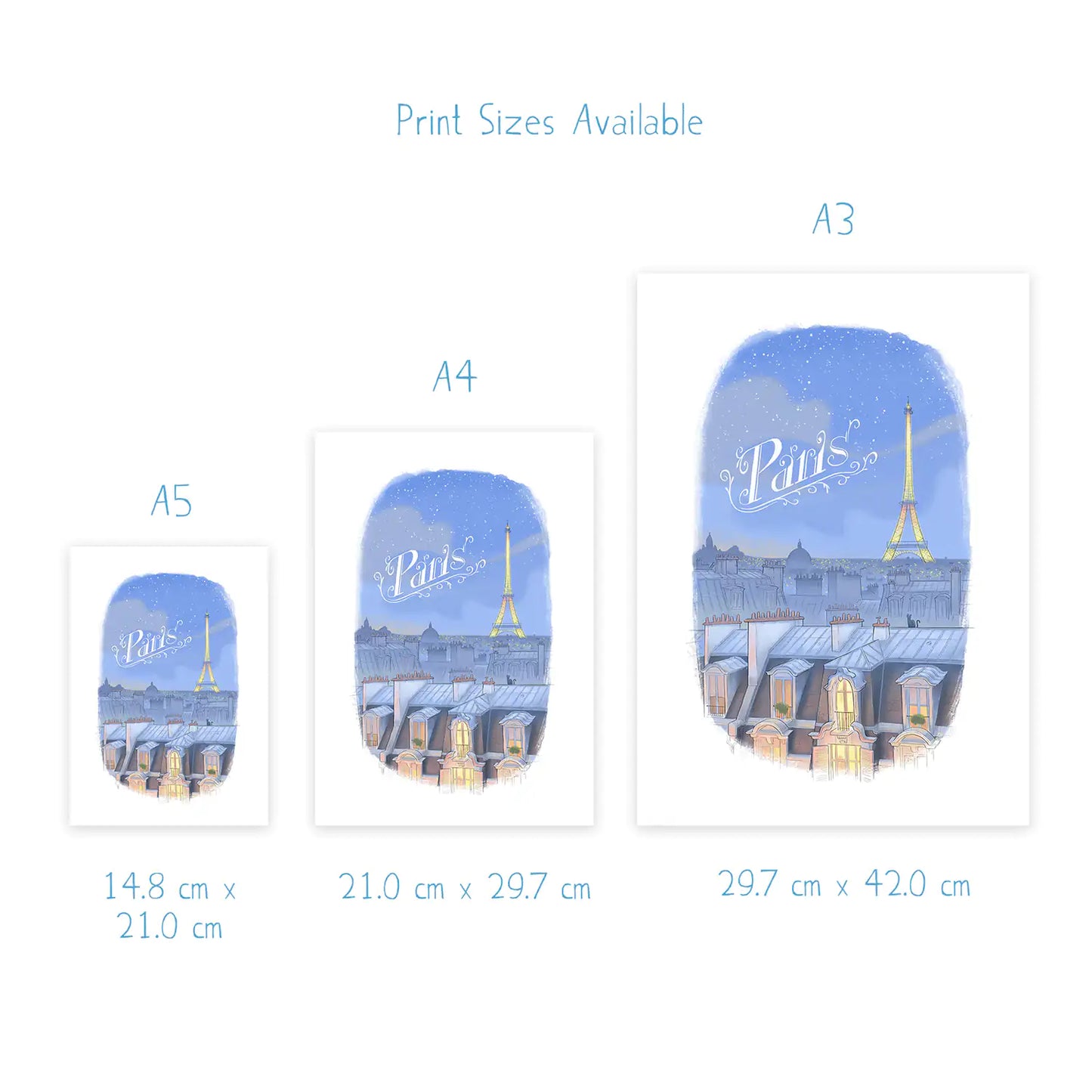 Dimensions for a print of an illustration of the Paris skyline at night with the Eifel Tower and the word Paris