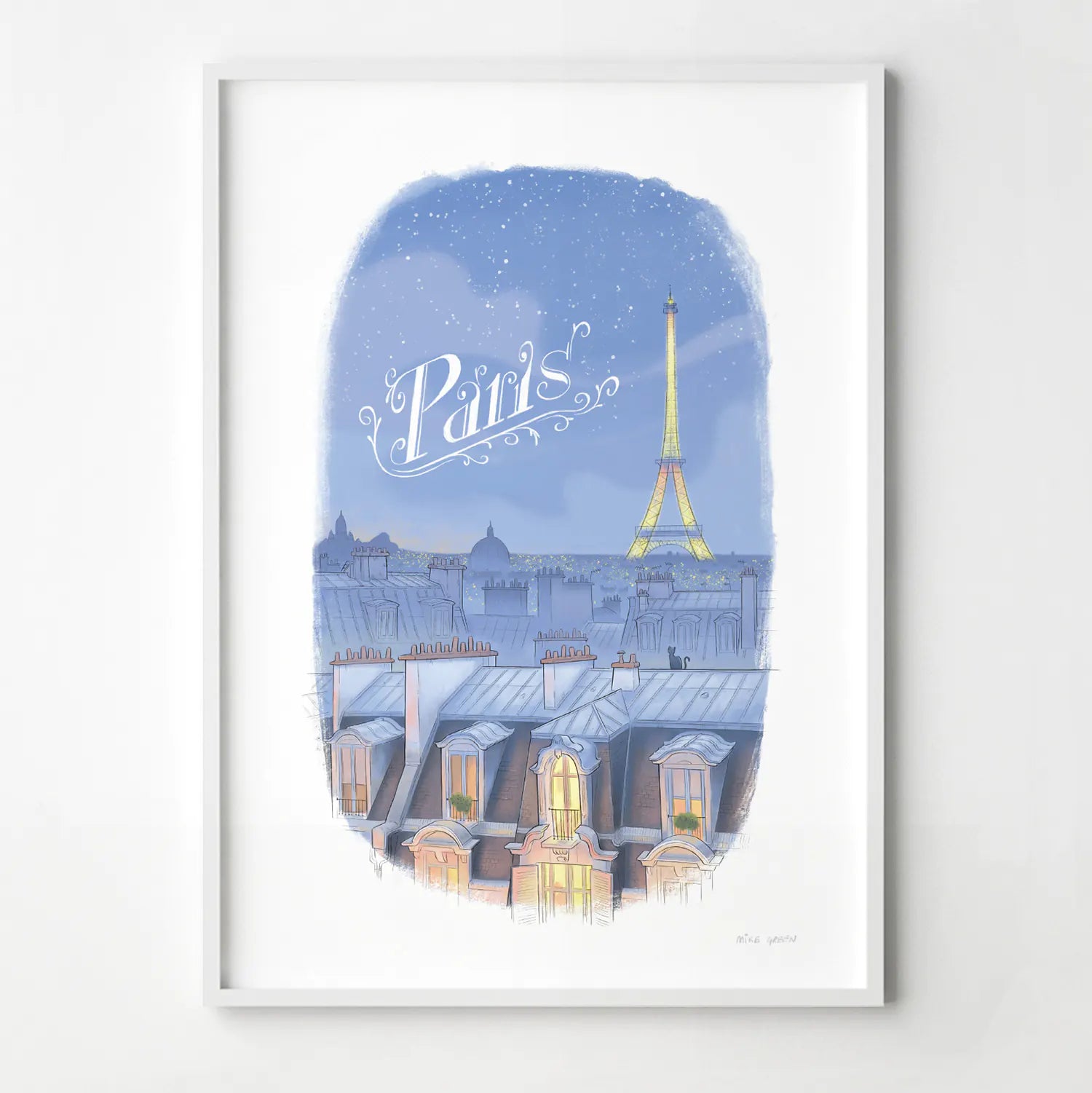 Framed print of an illustration of the Paris skyline at night with the Eifel Tower and the word Paris