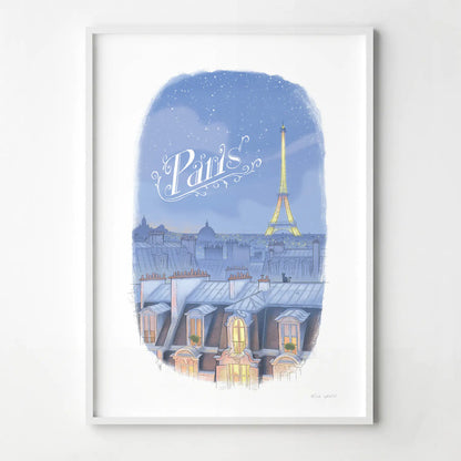 Framed print of an illustration of the Paris skyline at night with the Eifel Tower and the word Paris