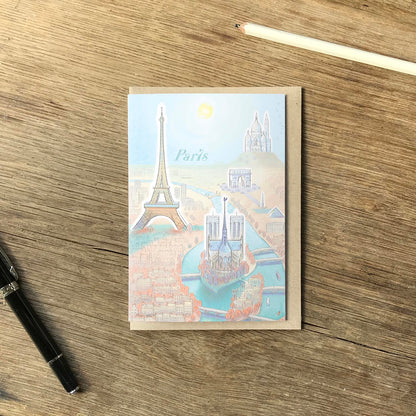 Paris skyline with landmarks beautifully illustrated on a greeting card by mike green illustration.