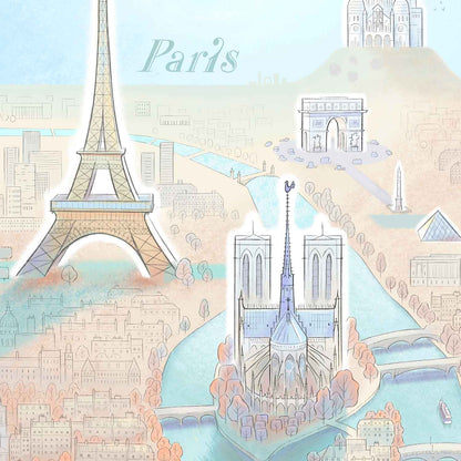 Detail of an illustration of the Paris skyline and its landmarks