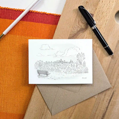 The view from Parliament Hill on Londons Hampstead Heath beautifully illustrated on a greeting card by mike green illustration.