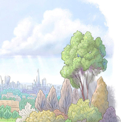Detail of a painting of the view from Parliament Hill on Hampstead Heath with a pigeon in a tree by Mike Green Illustration