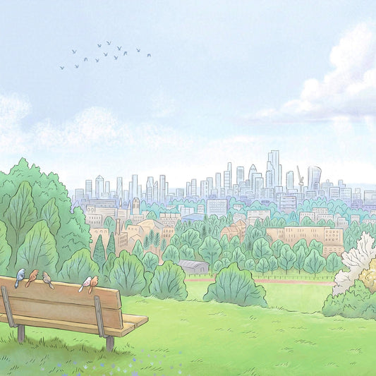 Detail of a painting of the view from Parliament Hill on Hampstead Heath with birds on the bench by Mike Green Illustration