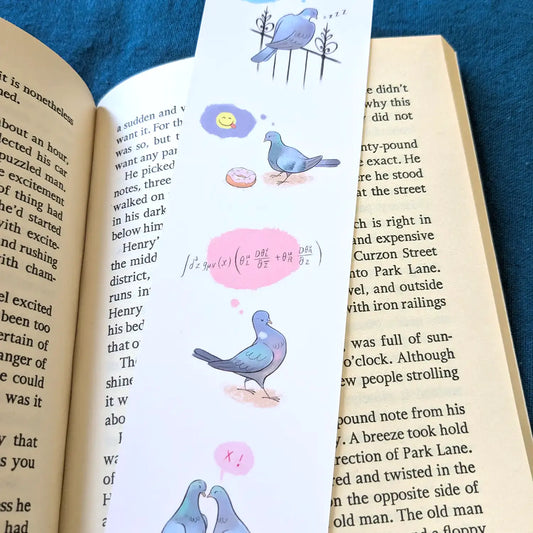 Bookmark with illustrations of pigeons on an open book