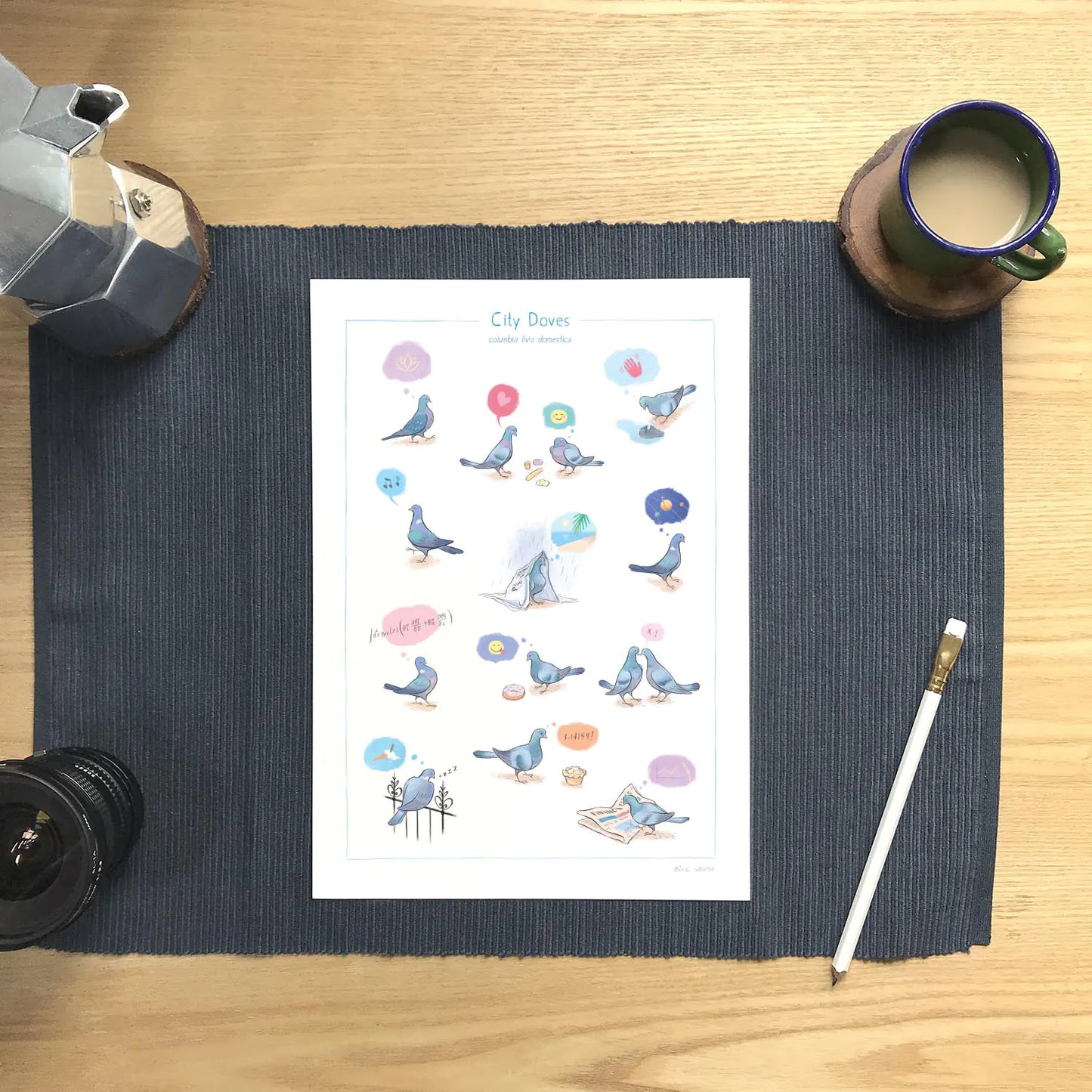 Art print of pigeons of London with city doves with coffee and a pencil