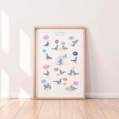 Framed print of pigeons of London with city doves written at the top