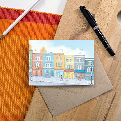 Portobello road in London's Notting Hill illustration a greeting card by mike green illustration.