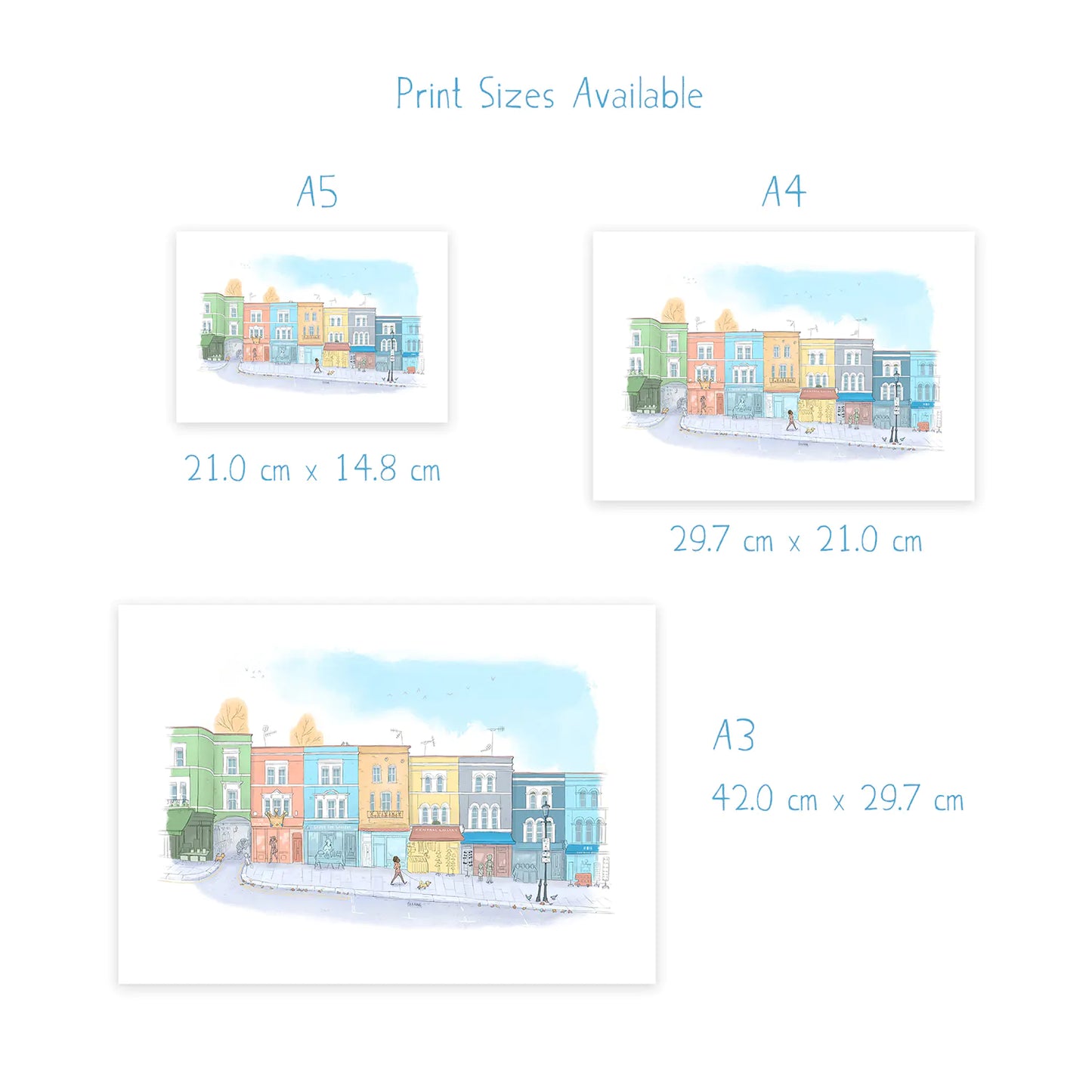 Print dimensions of Portobello road shops illustration by Mike Green Illustration