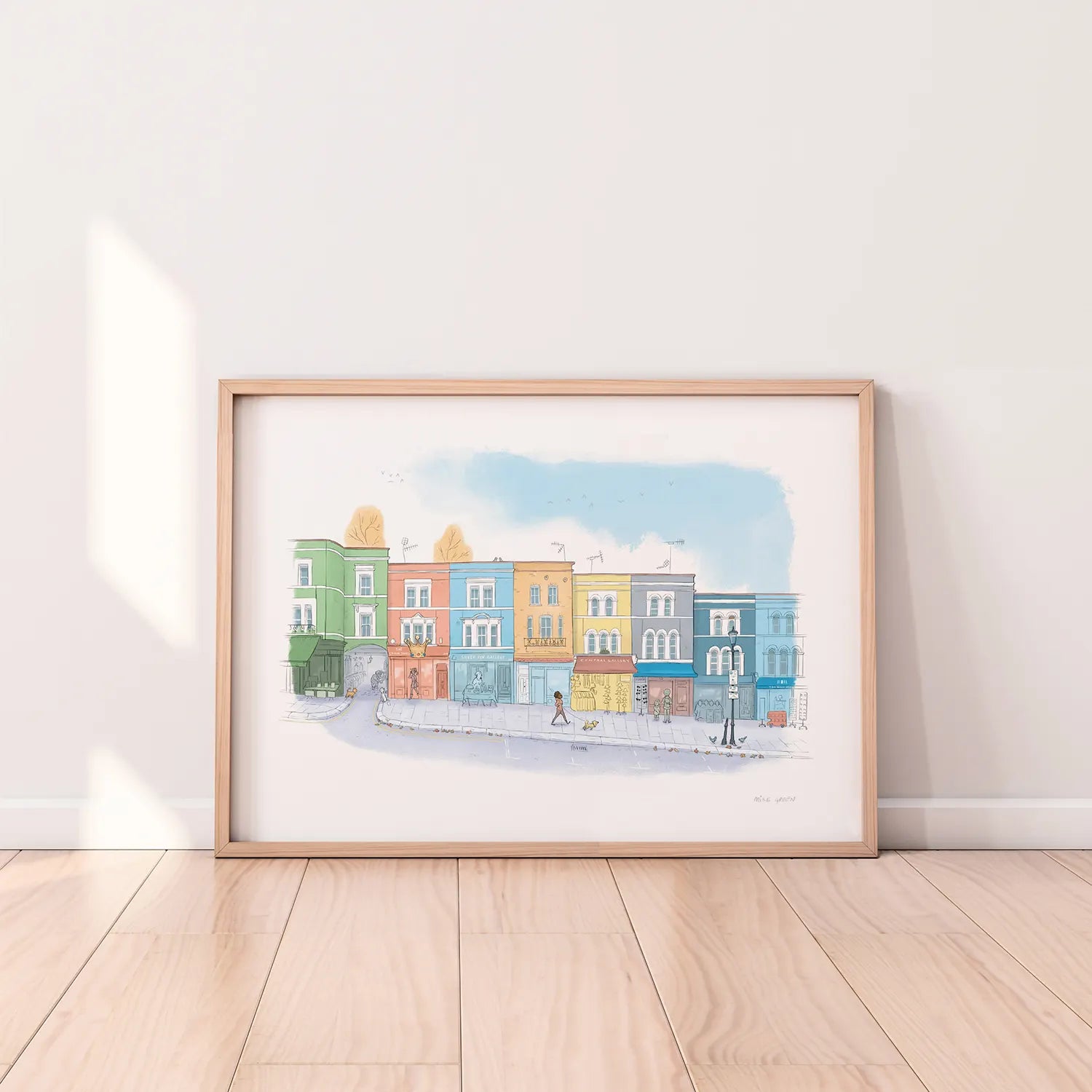 Framed print of Portobello road shops illustration by Mike Green Illustration