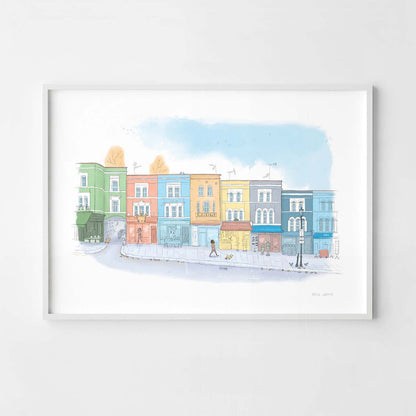 Framed print of Portobello road shops illustration by Mike Green Illustration