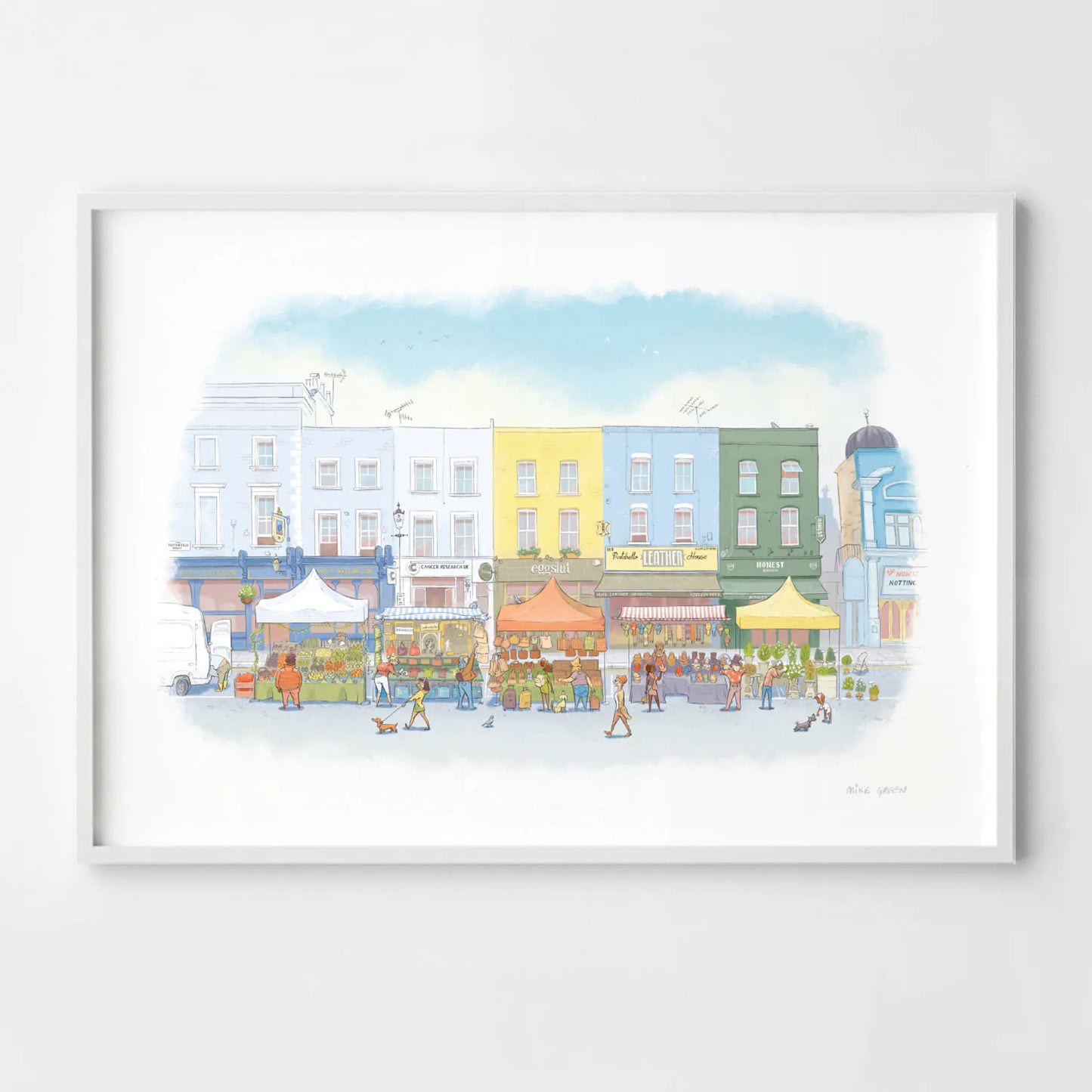 Wall art print of an illustration of Portobello Road market in London's Notting Hill
