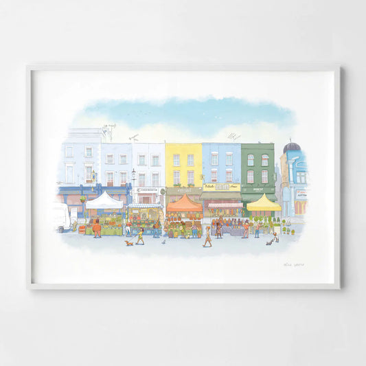 Wall art print of an illustration of Portobello Road market in London's Notting Hill