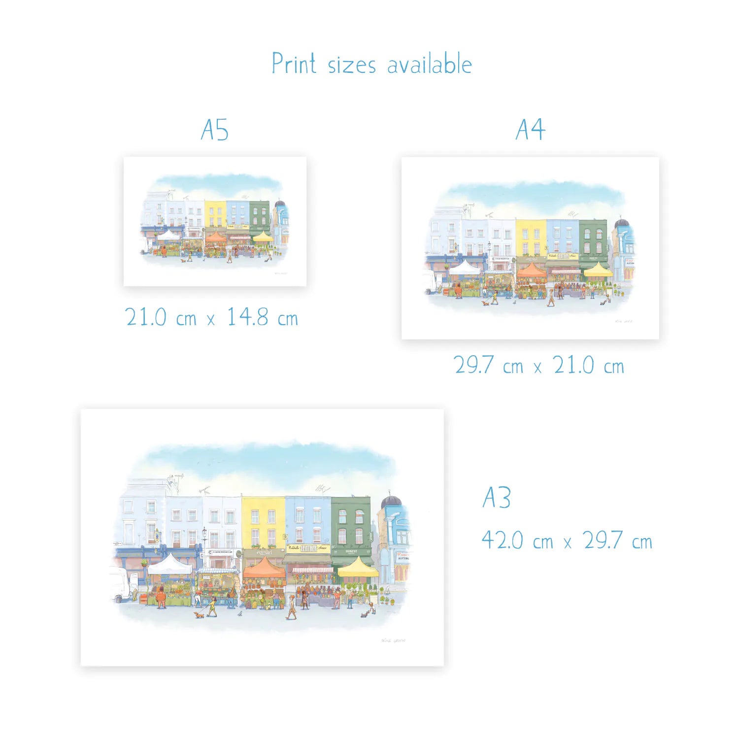 Sizes for a wall art print of an illustration of Portobello Road market in London's Notting Hill