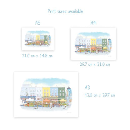 Sizes for a wall art print of an illustration of Portobello Road market in London's Notting Hill