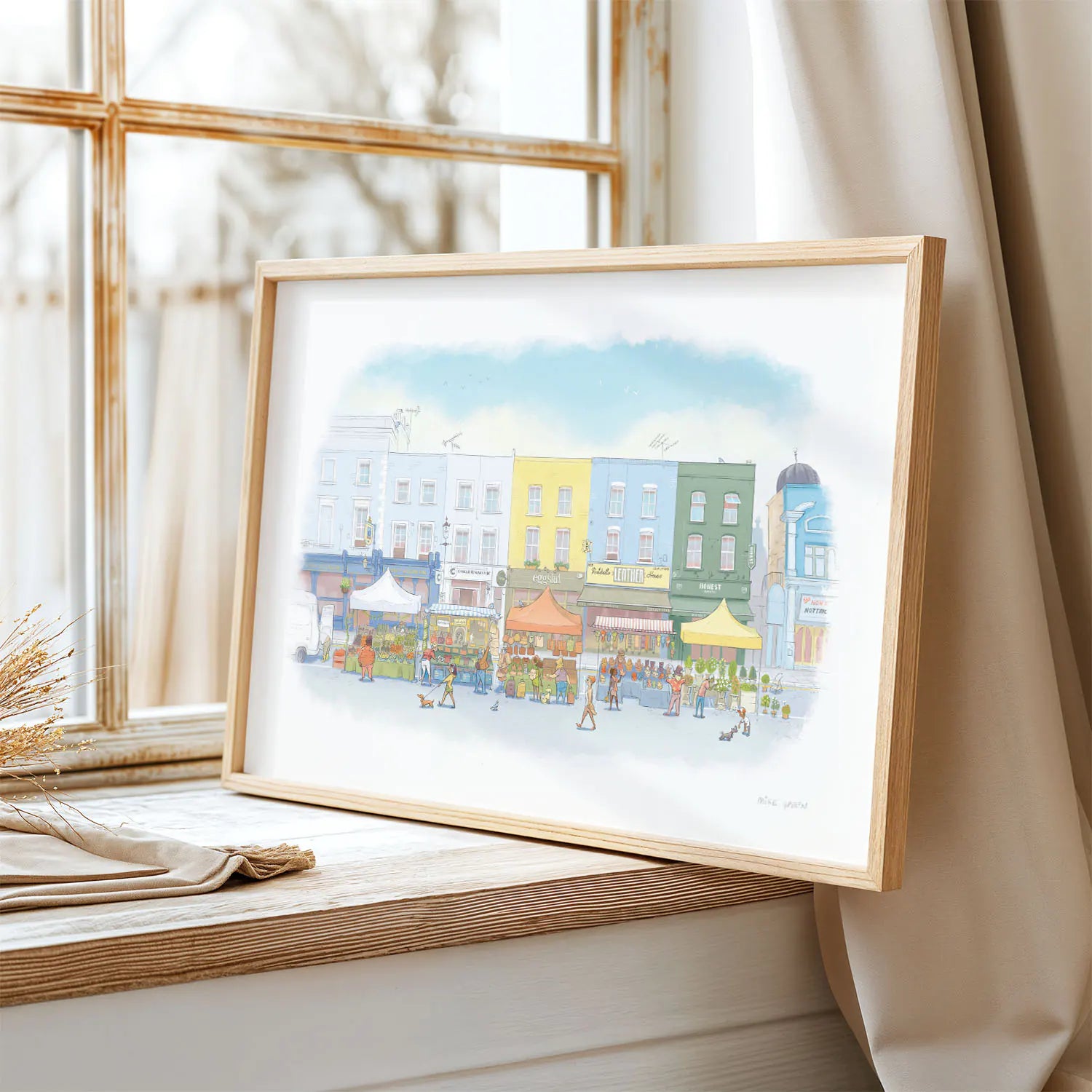 Framed wall art print of an illustration of Portobello Road market in London's Notting Hill on a window sill