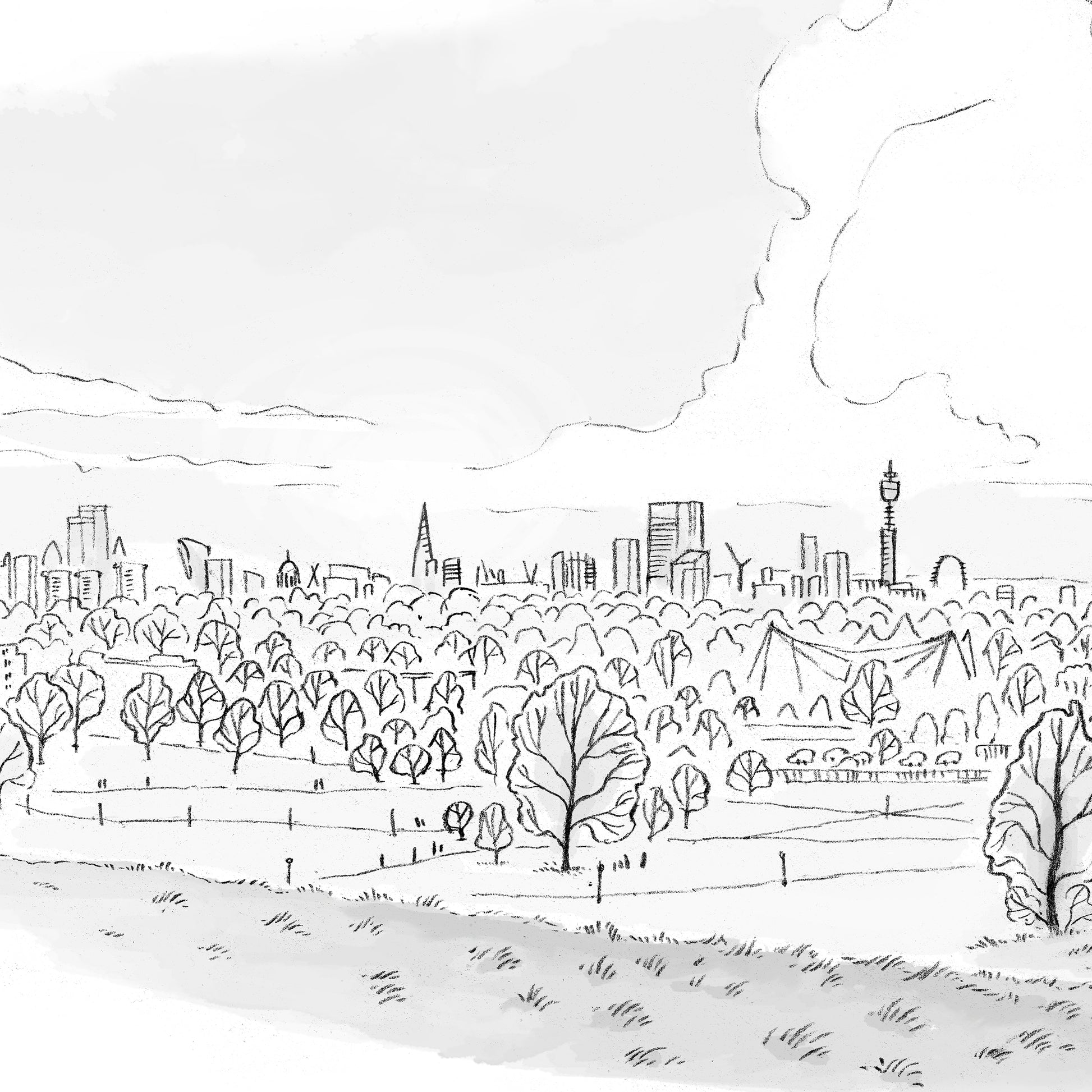 Detail from a print of the view from primrose hill London beautifully sketched by Mike Green.