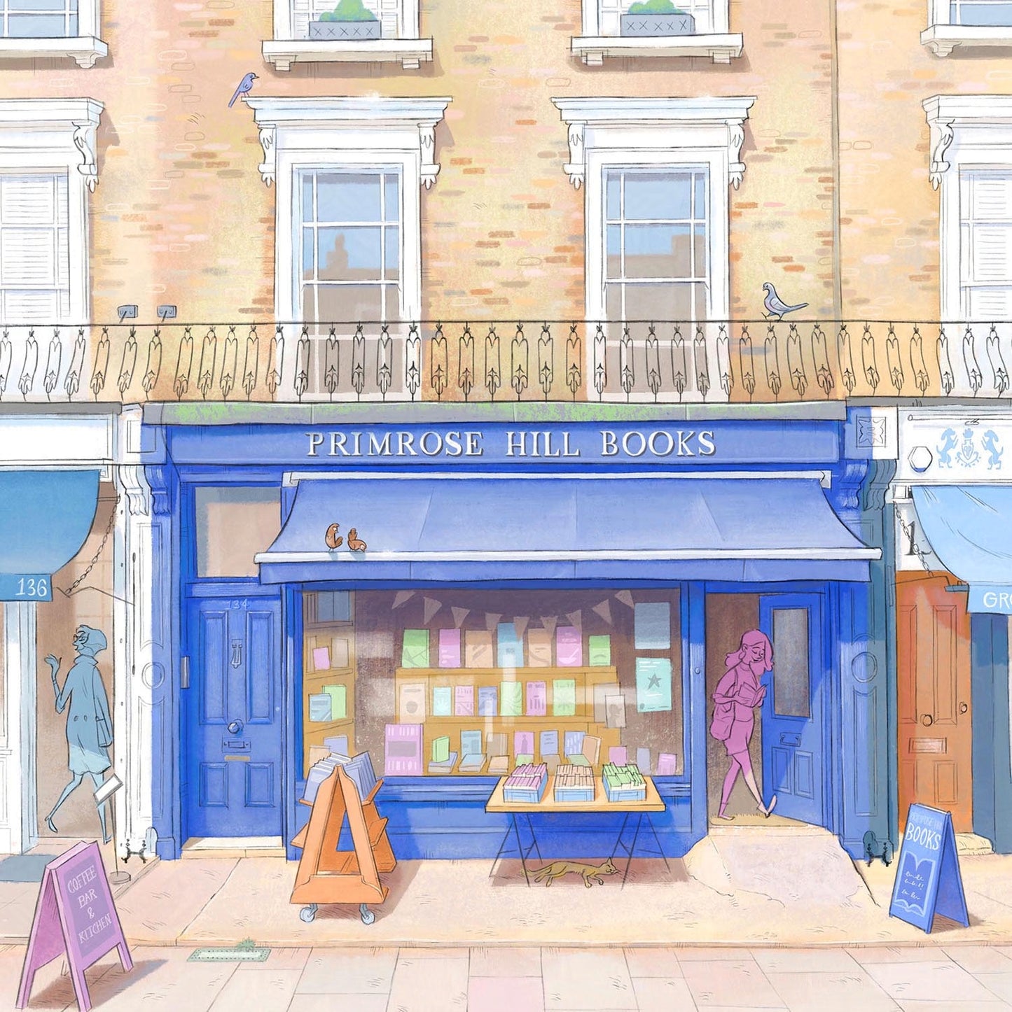 Detail from a wall art print painting of Primrose Hill Books in north London by Mike Green Illustration