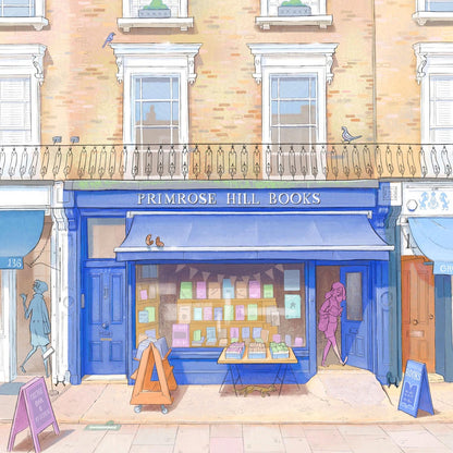 Detail from a wall art print painting of Primrose Hill Books in north London by Mike Green Illustration