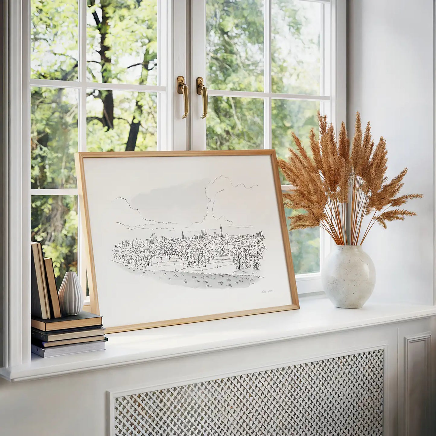 Framed print by a window of the view from Primrose Hill in London by Mike Green Illustration