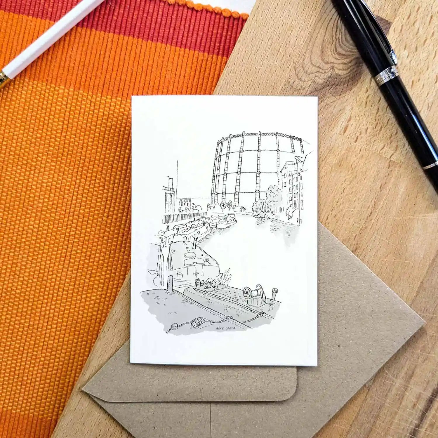 Regents Canal in London beautifully sketched on a greeting card by mike green illustration.