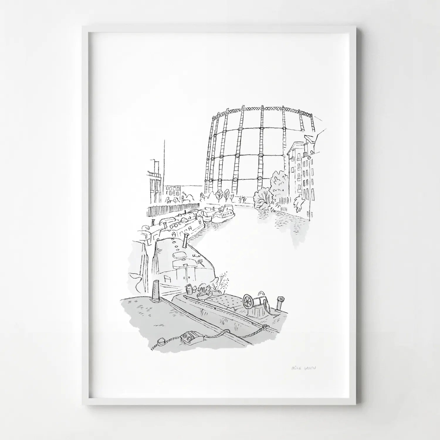 A print of boats on London's Regents Canal beautifully sketched by Mike Green.