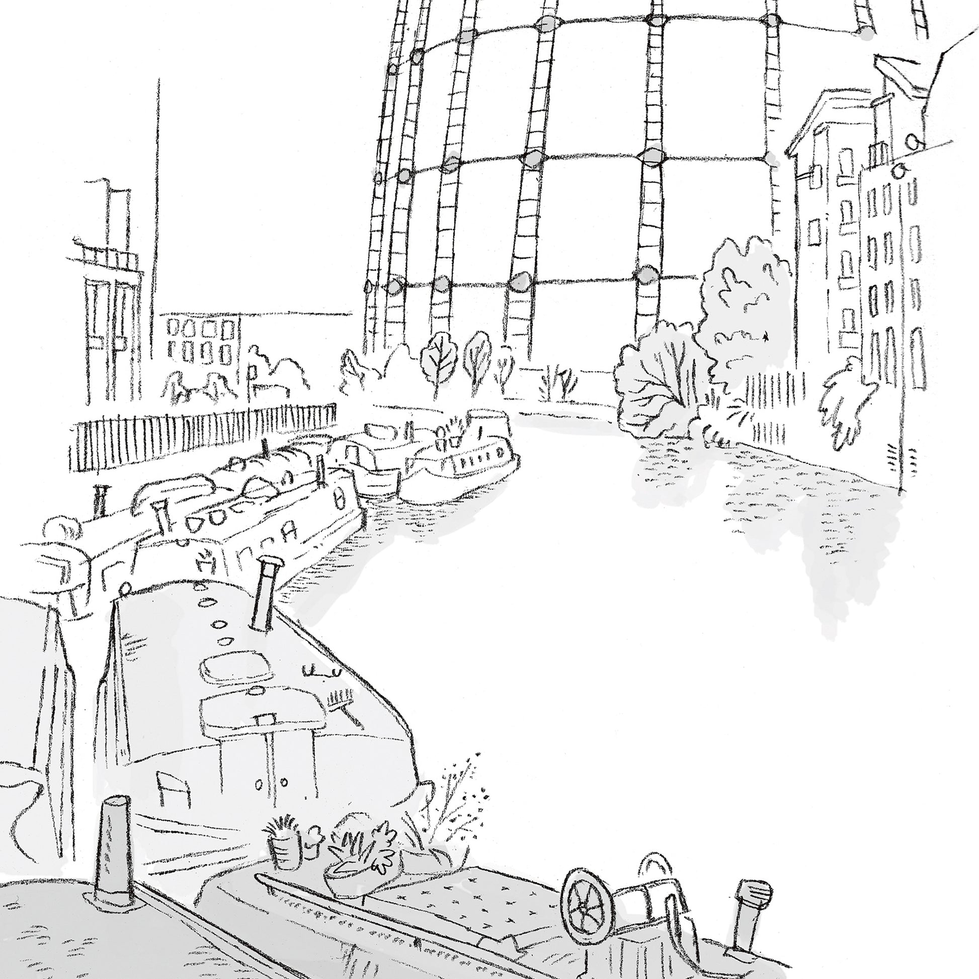 Detail from sketch of London regents canal sketch by Mike Green.