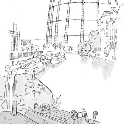 Detail from a wall art print of a sketch of London regents canal with boats and a gasometer