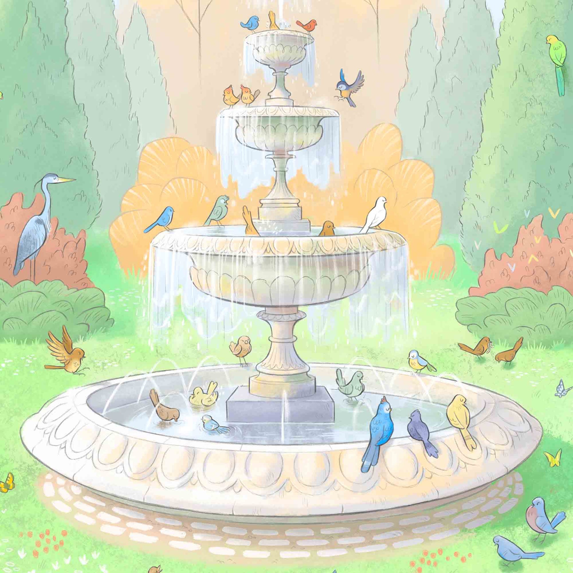 Detail of a painting of birds drinking from a fountain in London's Regents Park