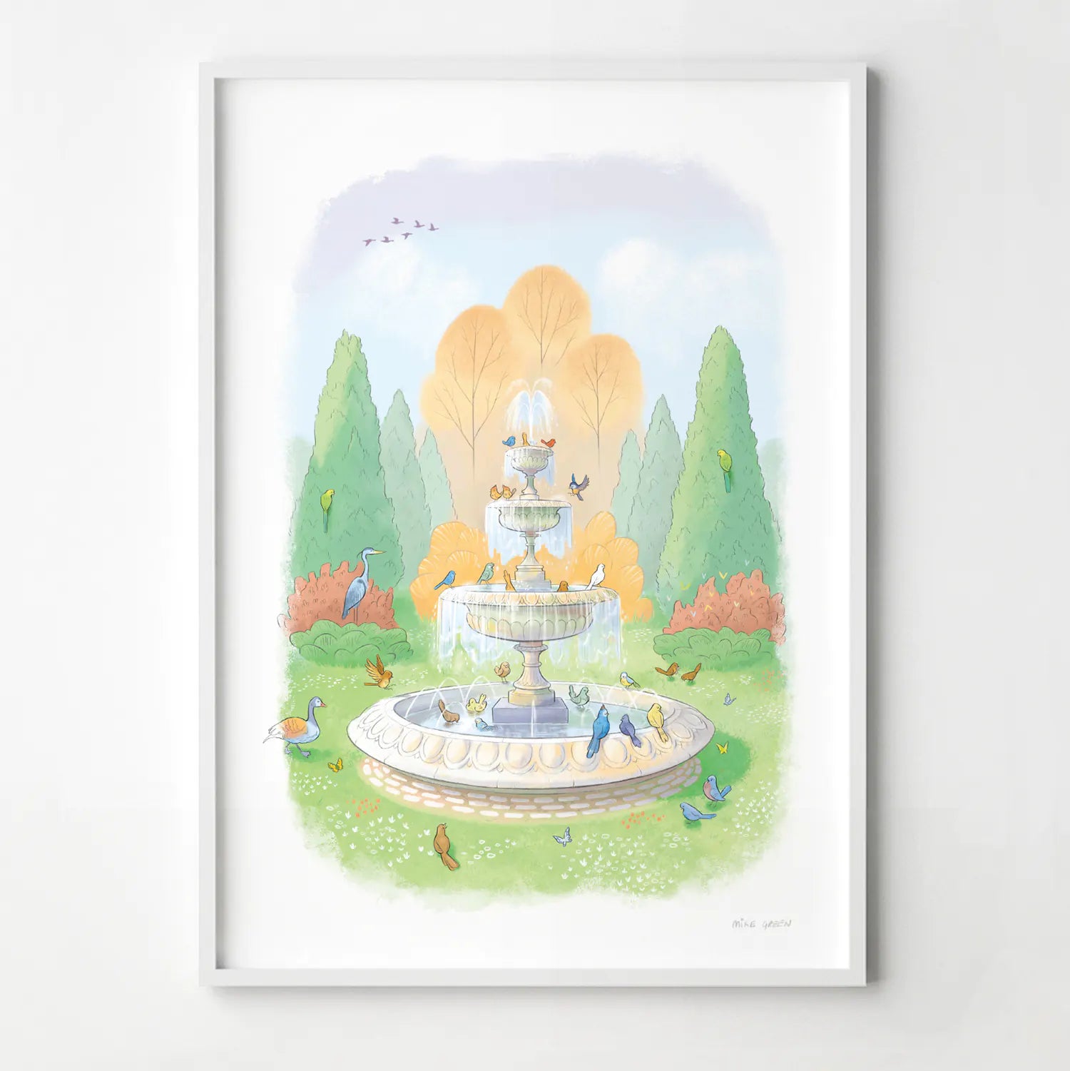 Framed print of a painting of birds drinking from a fountain in London's Regents Park