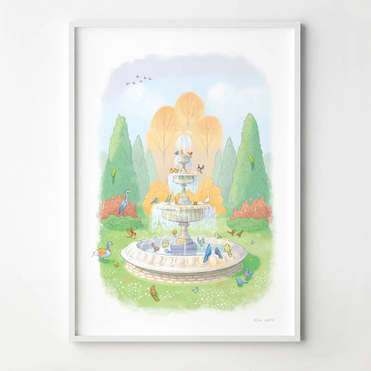 Framed print of a painting of birds drinking from a fountain in London's Regents Park