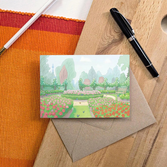 Illustration of Queen Mary's Rose Garden in London's Regents Park on a greetings card with an envelope and pen