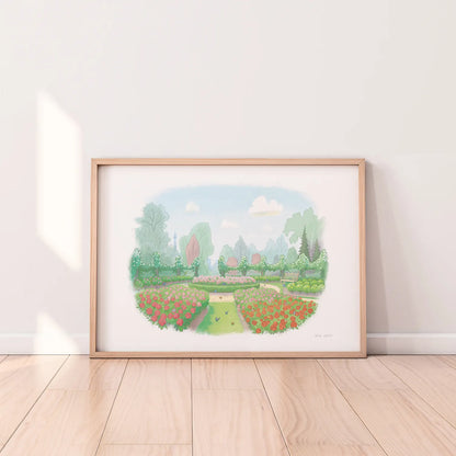 Framed print of London's Queen Mary's Rose Garden in Regents Park painted by Mike Green Illustration