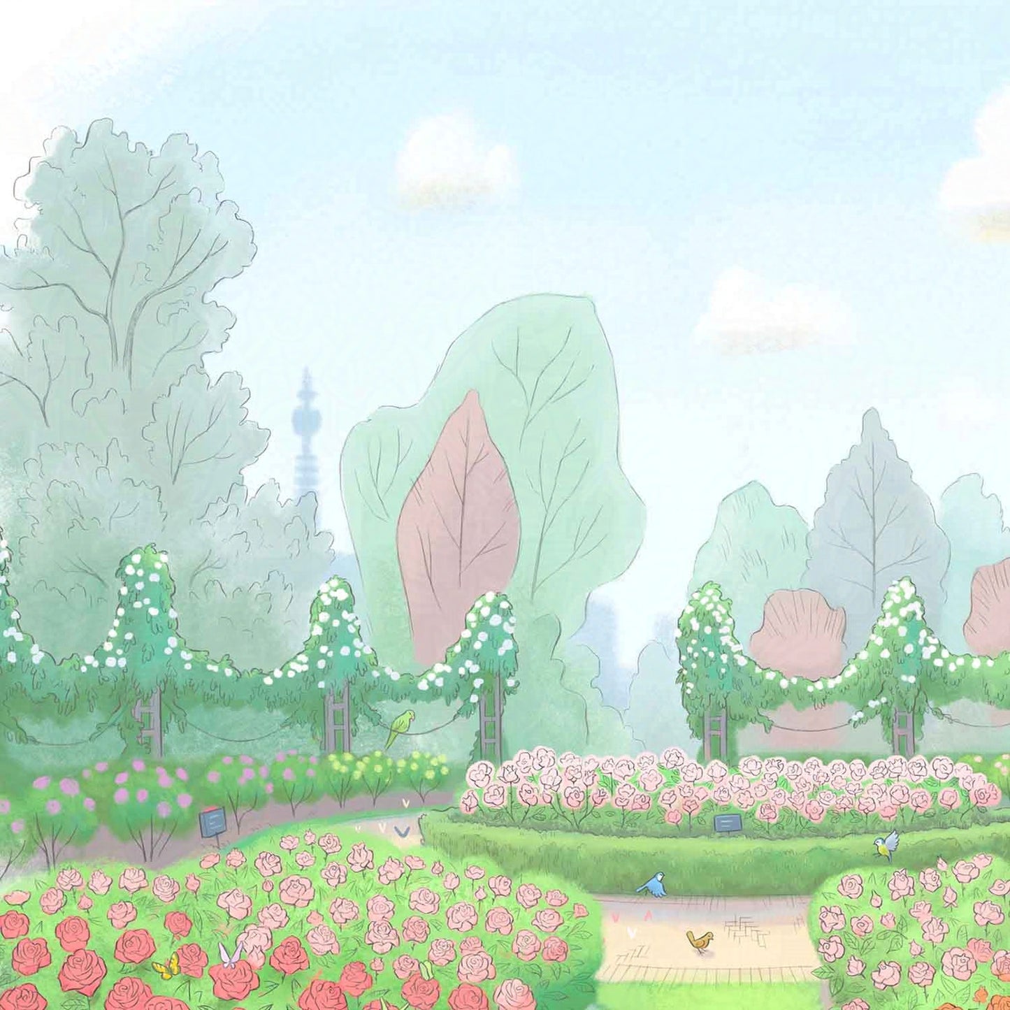 Detail from print of a painting of the Rose Garden in London's Regents Park.
