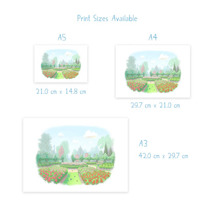 Sizes for a regents park rose garden wall art print from London