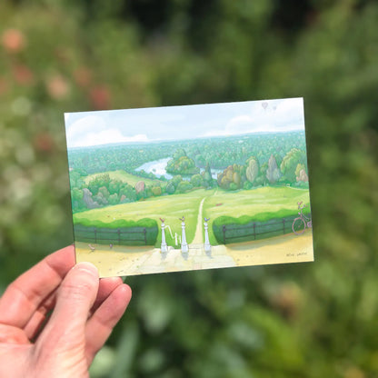 Greetings card with a painting of the view from Richmond Hill in London held in a hand