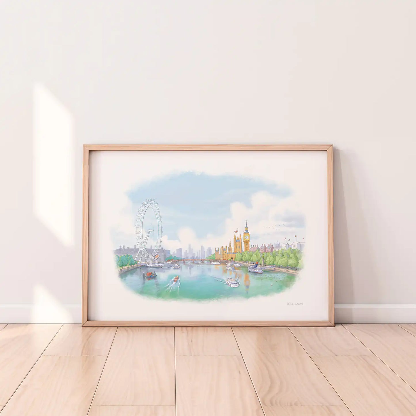 Framed print of an illustration of the view south from London's Golden Jubilee Bridge with Houses of Parliament and the London eye by Mike Green Illustration