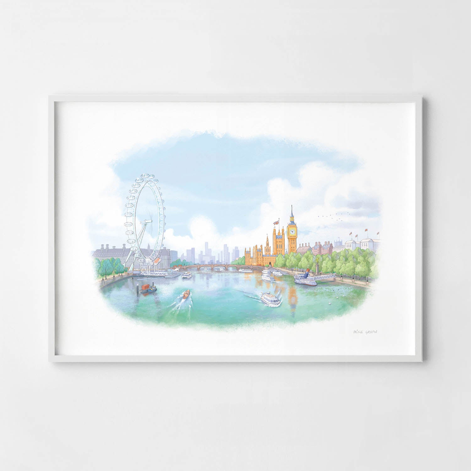 Framed print of an illustration of the view south from London's Golden Jubilee Bridge with Houses of Parliament and the London eye by Mike Green Illustration