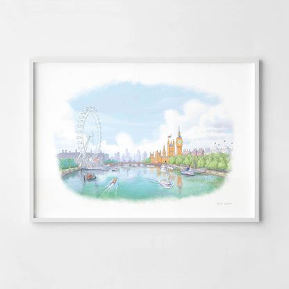 Framed print of an illustration of the view south from London's Golden Jubilee Bridge with Houses of Parliament and the London eye by Mike Green Illustration